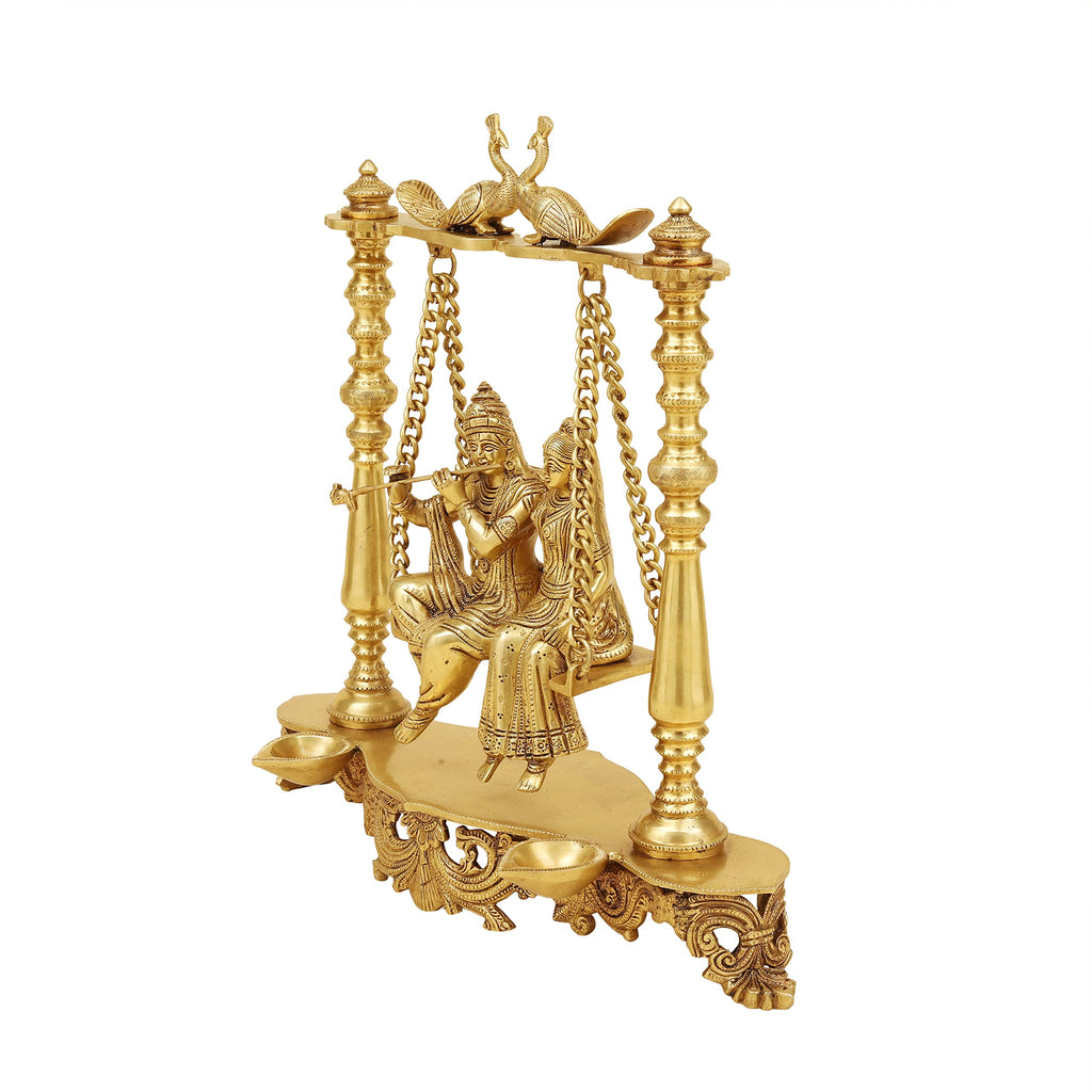 ARTVARKO Brass Radha Krishna Playing Flute On Swing Idol Statue Love Couple Radha Krishan with Diya Double Peacock on Jhoola 16 Inch