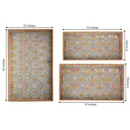 TrayFi Rectangular Wooden MDF Serving Trays Set of 3 (16x10, 14x8, 12x6 Inches) – Enamelled Finish with Easy-Grip Handles, Perfect for Dining, Tea, Snacks & Home Decor (Green Tribal Bloom)