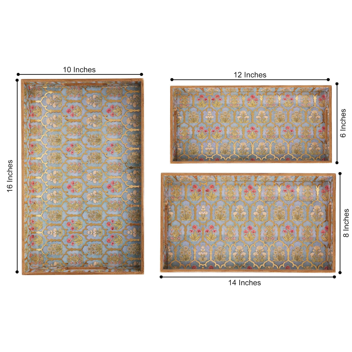 TrayFi Rectangular Wooden MDF Serving Trays Set of 3 (16x10, 14x8, 12x6 Inches) – Enamelled Finish with Easy-Grip Handles, Perfect for Dining, Tea, Snacks & Home Decor (Green Tribal Bloom)