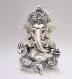 Gold Art India 999 Matte Silver Plated Antique Mukut Ganesha - 3.5 - Perfect for Gifting, Home Decor, Car Dashboard Murti Ganpati Idol for Home Decor Puja Statue Gift for Office Desk Puja Room, God