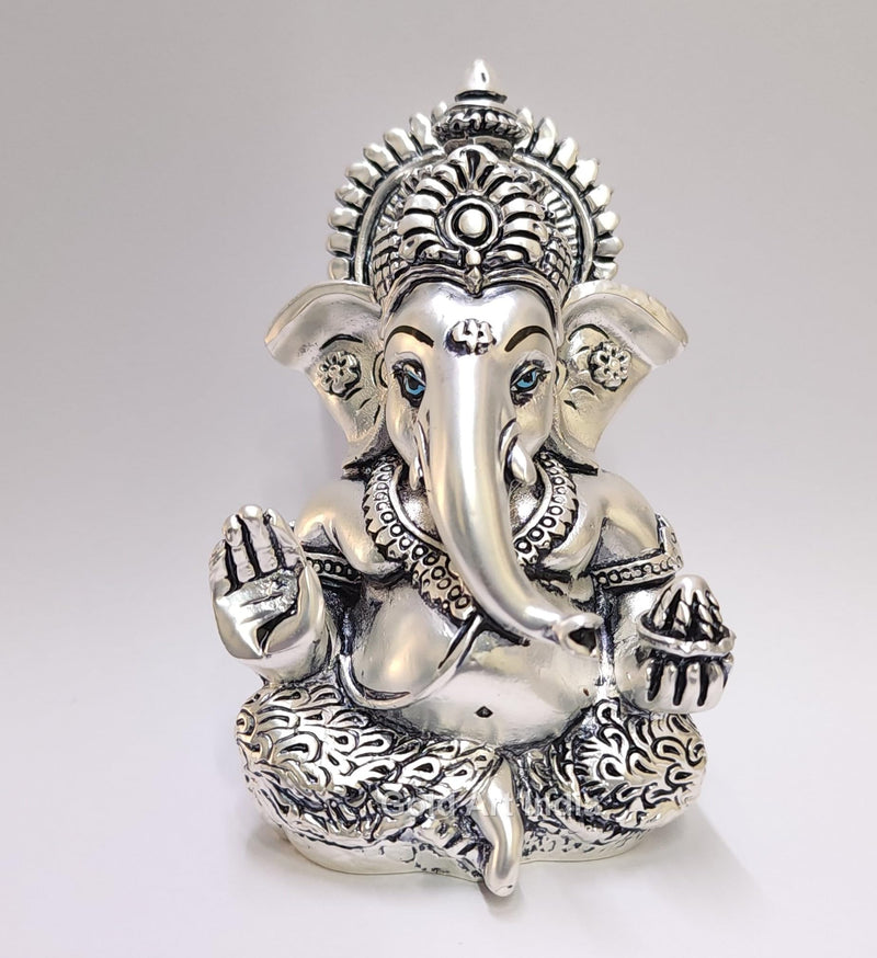 Gold Art India 999 Matte Silver Plated Antique Mukut Ganesha - 3.5 - Perfect for Gifting, Home Decor, Car Dashboard Murti Ganpati Idol for Home Decor Puja Statue Gift for Office Desk Puja Room, God