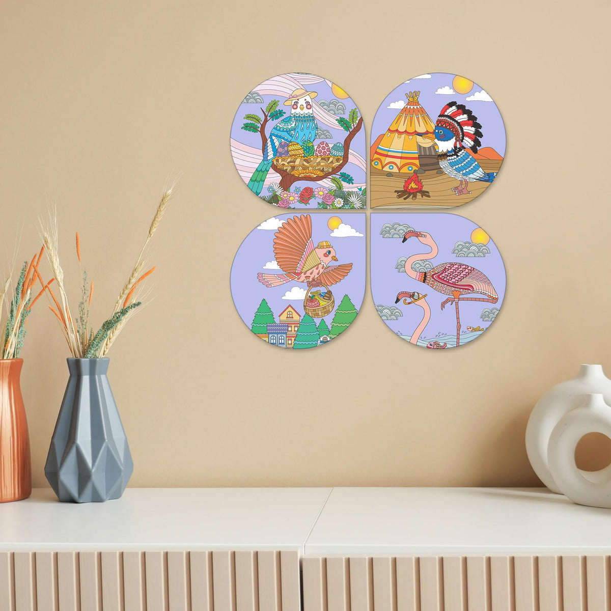 Artvibes Colorful Bird Wooden Art Decoration Item for Living Room | Printed Wall Decoration | Scenery For Drawing Room | Wall Illustrations | Handcrafted Art | Unique Gift Items (WH_8439N), Set of 4