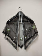 ELITE APRIL Black Triangle Church Scarf(Catholic mantilla) with Embroidered Floral Design, Net Fabric, 240 cm Length, with Wig Clip.