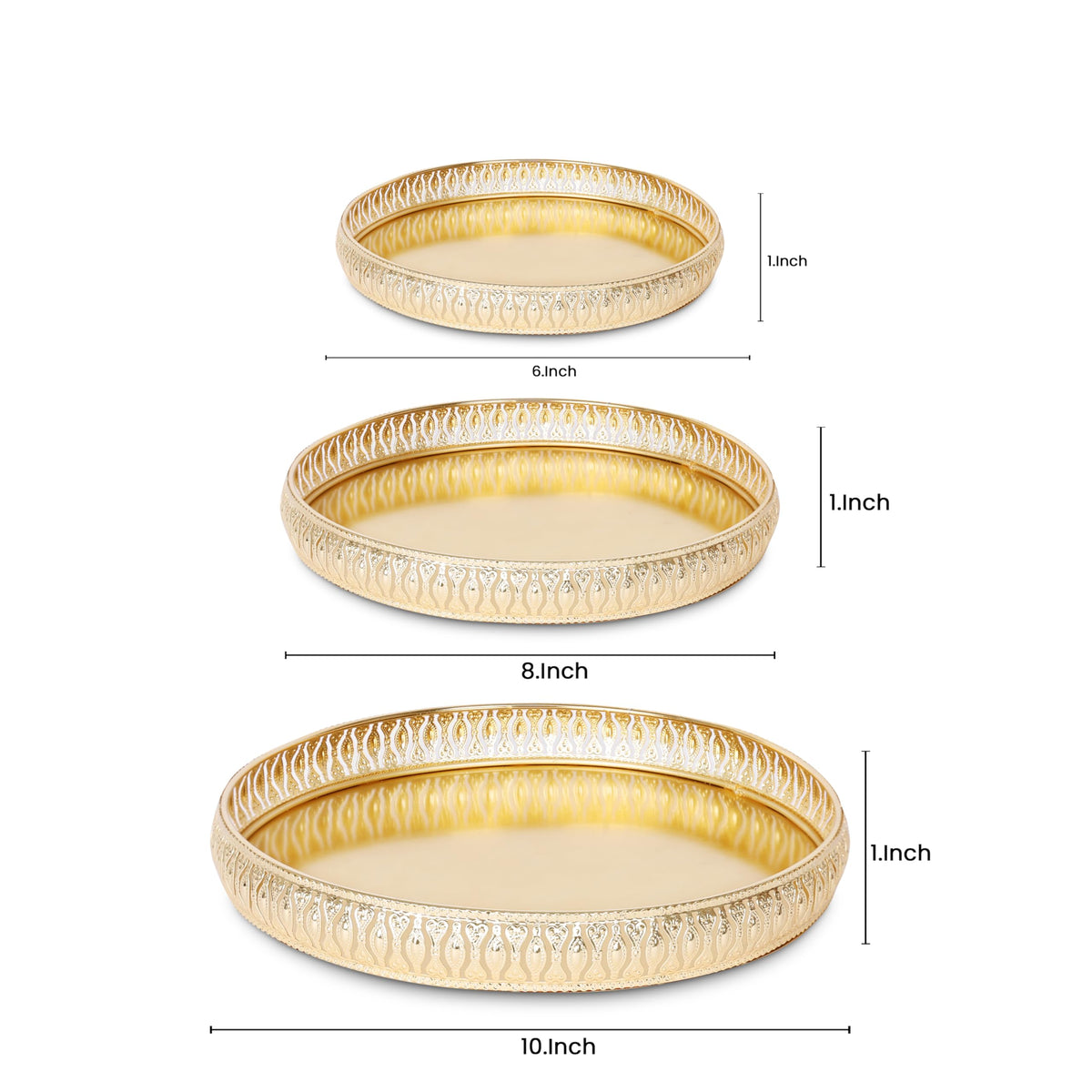 Design Decor Gallery Combo of Round German Gold Plated Jewellery Tray 6 Inch,8 Inch and 10 Inch, Set for Wedding Gift Home Decor Table Decor Make up Organizer for Present Chocolates Candy Gift Set