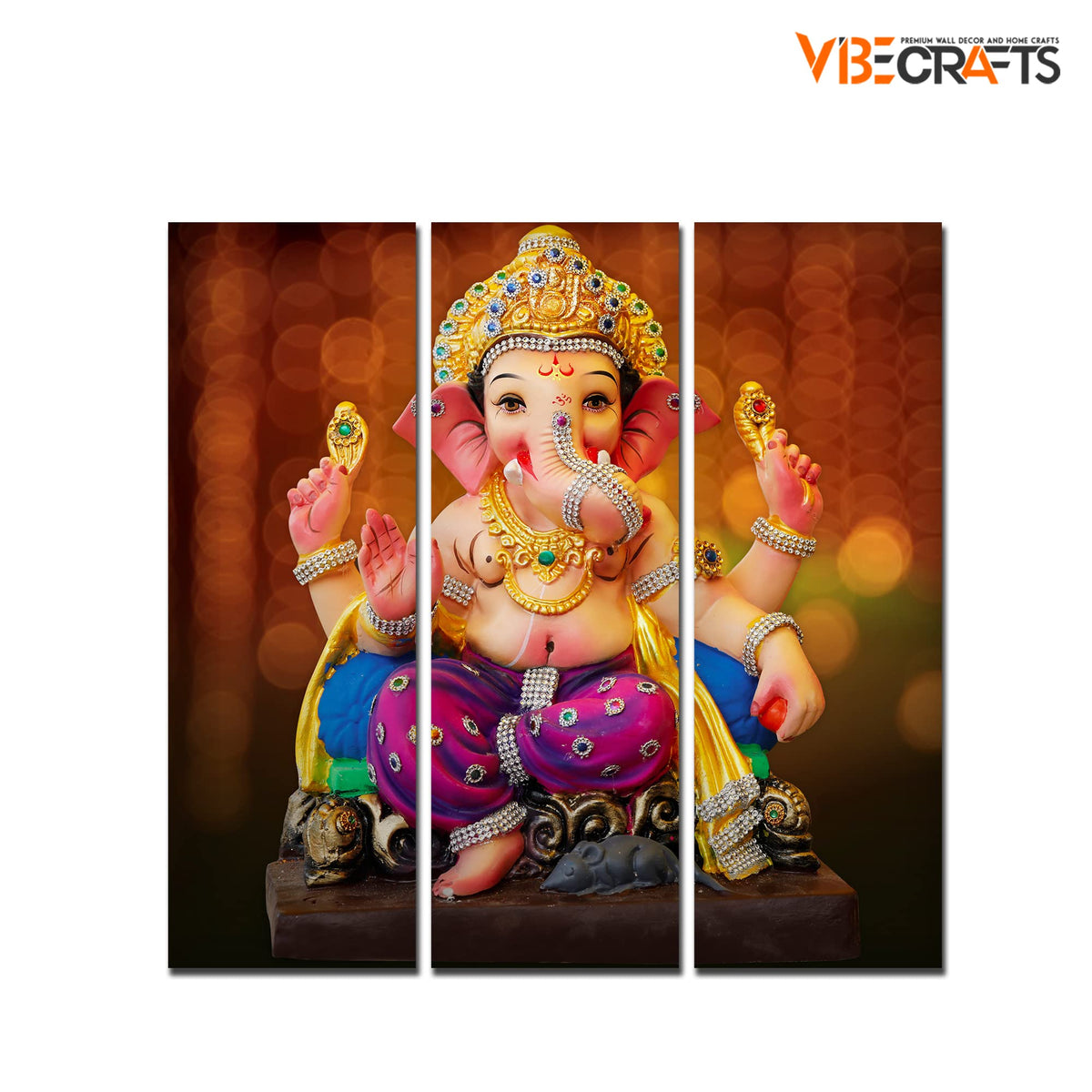 VIBECRAFTS 3 Pieces Shree Ganesha Canvas Wall Painting Fitted With Wooden Frame For Home | Office | Living Room | Gifts (PTVC3Pcs1_9568)