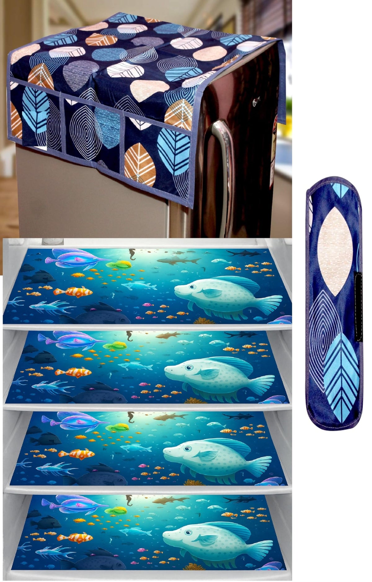 REVEXO Kitchen Combo Fridge Top Cover, 2 Piece Fridge Handle Cover, 4 Pcs Fridge Mats, (Set of 6 Piece) rev-03 Kafalo