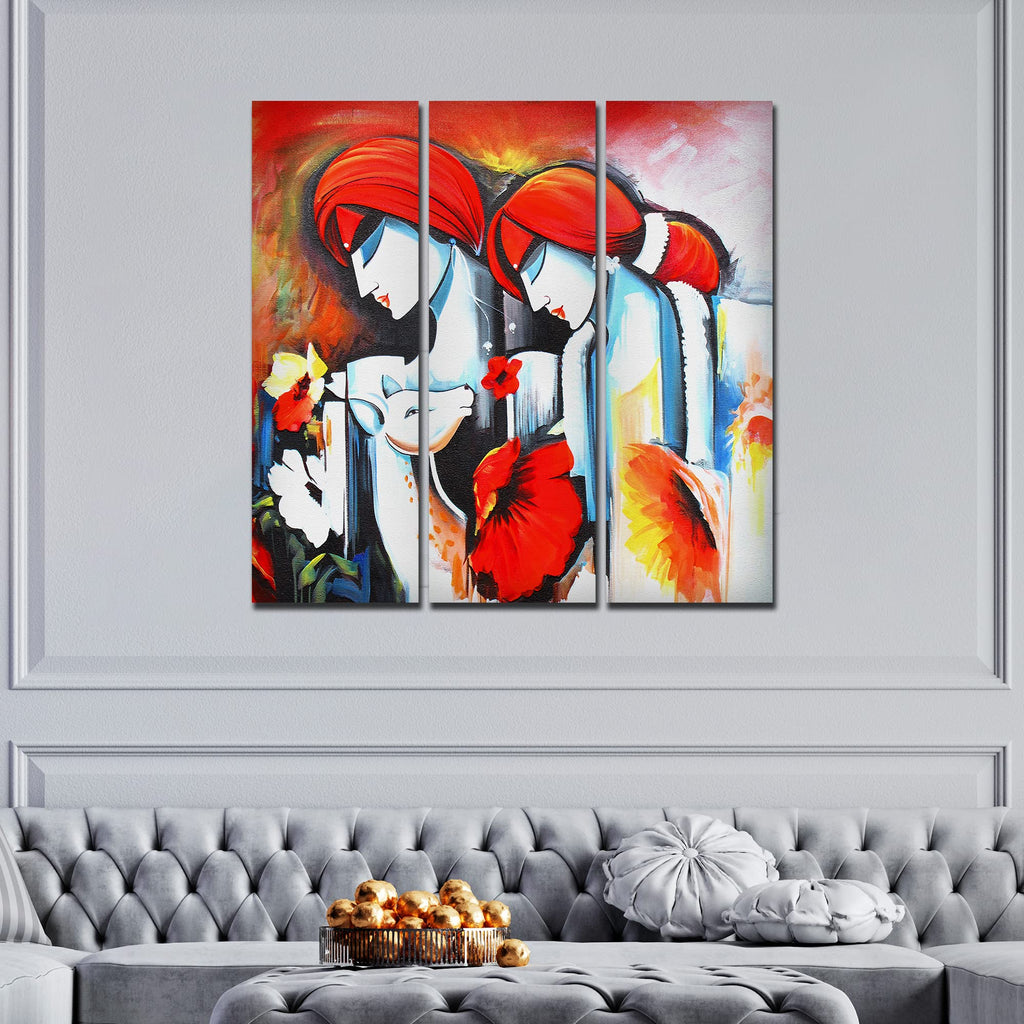 VIBECRAFTS Shri Radha Krishna 3 Pieces Canvas Wall Painting Fitted With Wooden Frame For Home | Office | Living Room | Gifts (PTVC3Pcs1_9535)