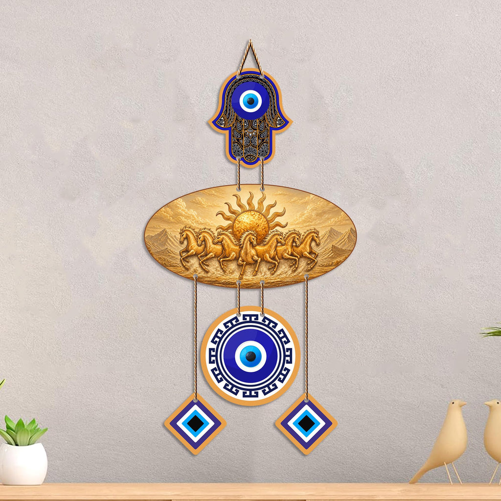 Artvibes Golden Seven Running Horses Evil Eye Wall Hanging for Home Decoration | Vastu Feng Shui Wealth Attraction Decor with Nazar Suraksha Protection for Living Room | Office | Gift Item (WH_85132N)
