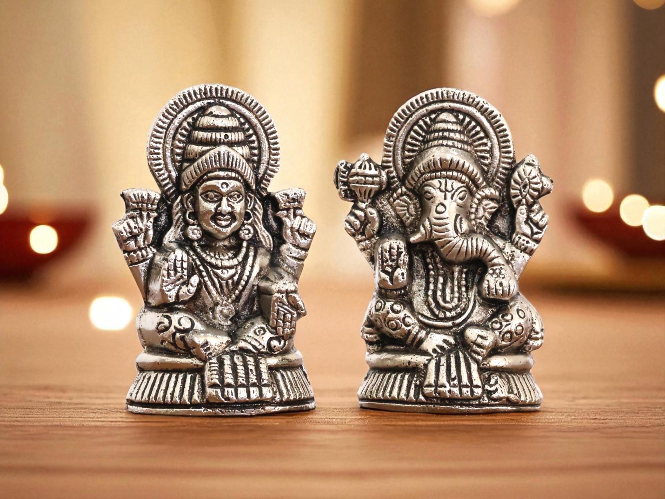 KridayKraft Metal Lakshmi & Ganesha Idol Pair – Silver Antique Finish Mini Statues (7.5 cm × 4 cm Each), 160 g – Auspicious Home Puja Decor & Diwali Gift