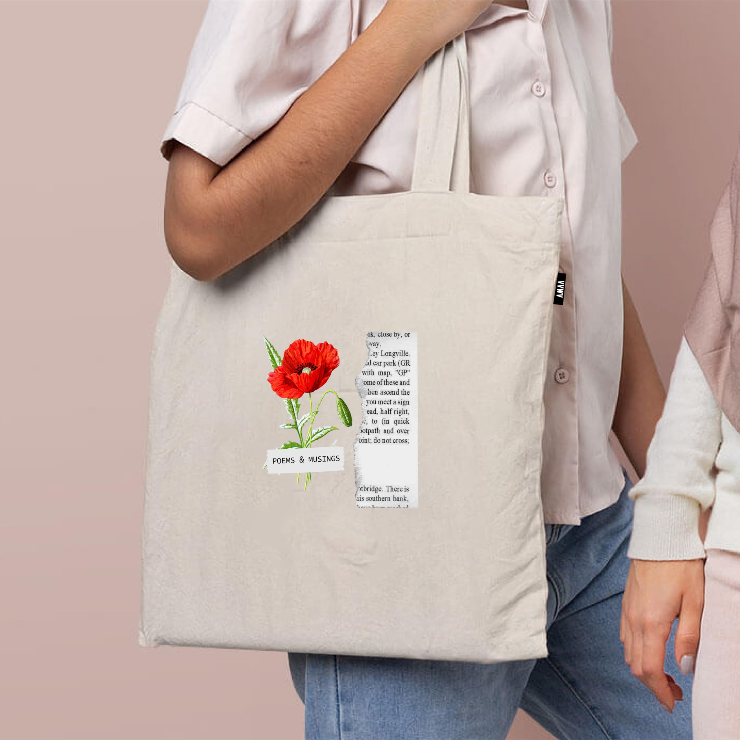 VVWV Vintage Red Flower and Poem Printed Eono Reusable Tote Bags | 100% Organic Cotton Shopping/Grocery Bag | Multi-Purpose Bag | Sturdy Canvas Bag with 15kgs Capacity (13 x 15.7 Inch)