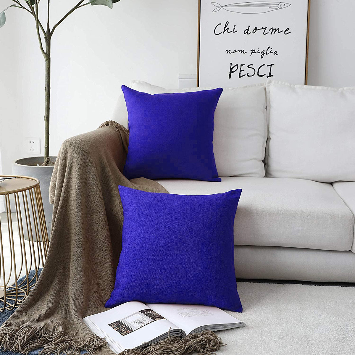 Khooti Jute Cushion Cover | 16 x 16 Inches / 40 x 40 cm | Royal Blue | Set of 2 | Throw Pillow Cover for Couches, Chairs, Sofas, Beds, Coffee Tables, Living Rooms, Bedrooms, Modern Boho Design