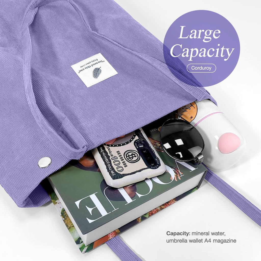 Street27 Korean Canvas Corduroy Tote Bag Casual Work Shoulder Handbags, Multi-Purpose Bag, Sturdy Canvas Bag With Large Capacity, Shopping Bag For Office, College & Daily Use (Purple, Womens)
