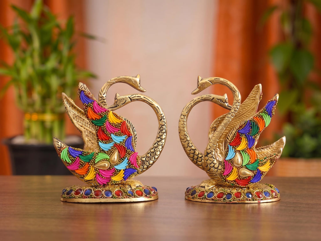 Kridaykraft Luxury Aluminium Metal Swan Tissue Holder Stand Pair | Decorative Meenakari Stone Work Napkin Organizer for Kitchen, Dining Room, and Gifting | Royal Golden Finish (Pack of 2)