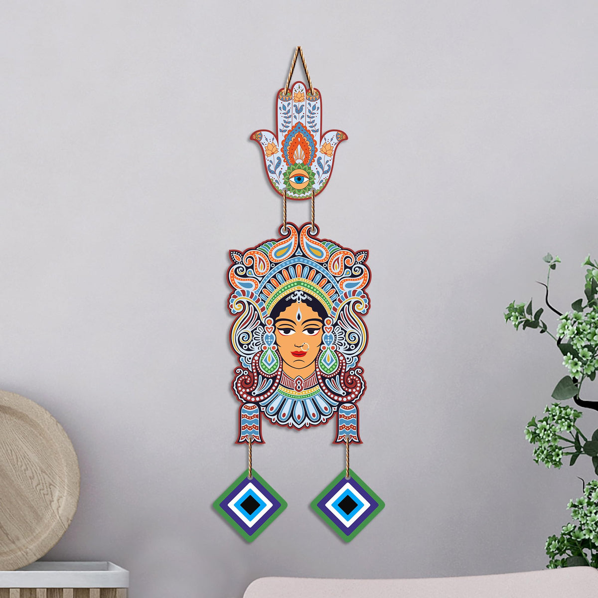 Artvibes Tribal Goddess Face Evil Eye Wall Hanging for Home Decor | Ethnic Indian Wall Art with Nazar Protection | Positive Energy Vastu Decorative Item for Living Room | Gift (WH_85150N)