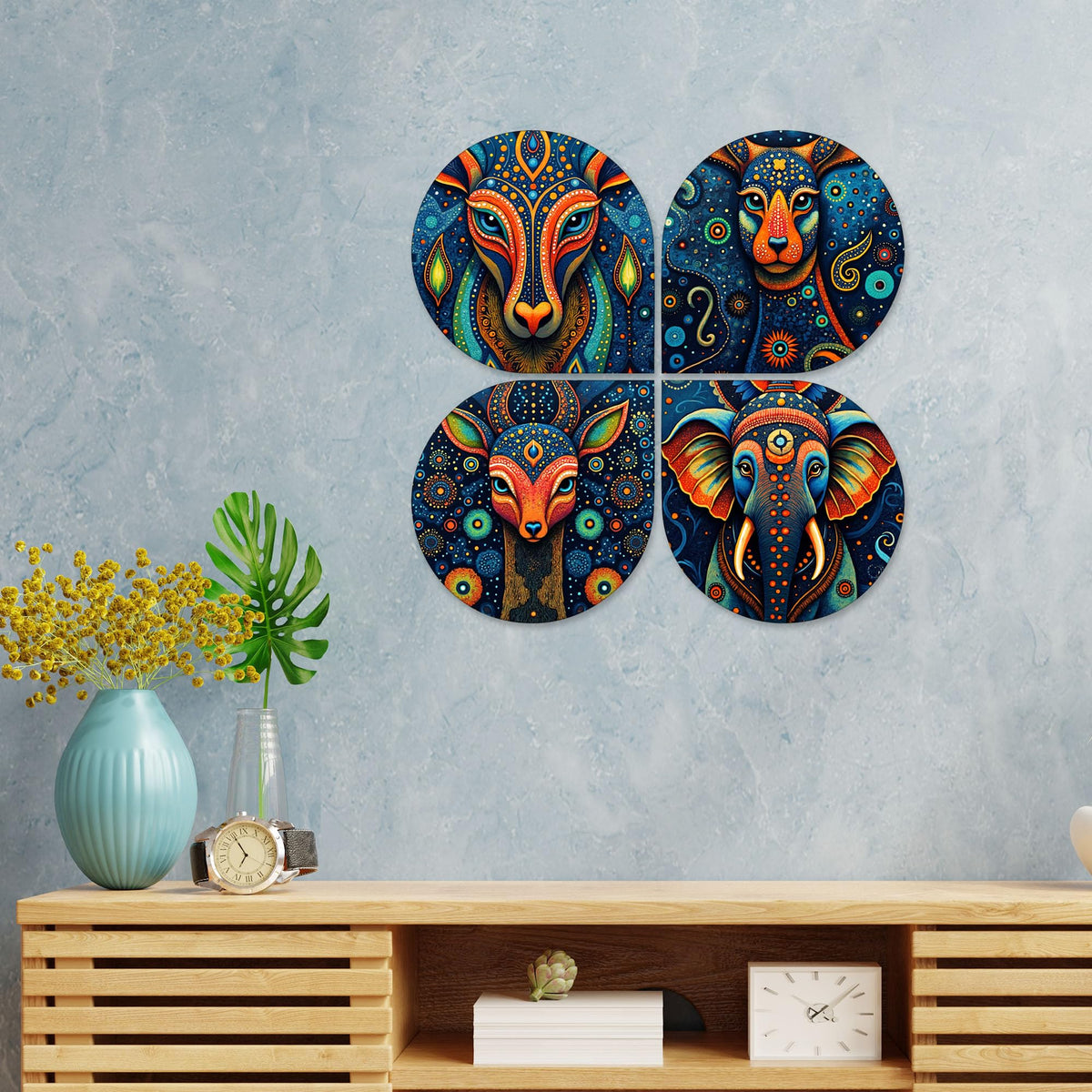 Artvibes Traditional Animal Decorative MDF Wooden Wall Art for Home | Living Room | Office | Wall Art Painting For Hall | Graphic Artwork | Aesthetic Wooden Decor | Ideal Gifts (WH_8468N), Set of 4