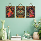 Artvibes Ancient Lovers Madhubani Art Wooden Wall Hanger for Home Decor | Living Room | Office | Cafe | Painting Wall Decor | Wall Poster | Artworks Hangings | Unique Gift (WH_96181N), Set of 3