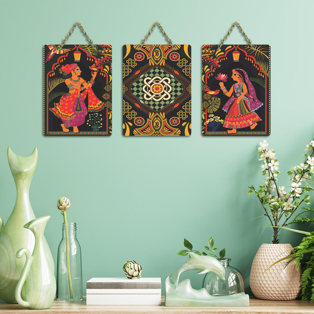 Artvibes Ancient Lovers Madhubani Art Wooden Wall Hanger for Home Decor | Living Room | Office | Cafe | Painting Wall Decor | Wall Poster | Artworks Hangings | Unique Gift (WH_96181N), Set of 3