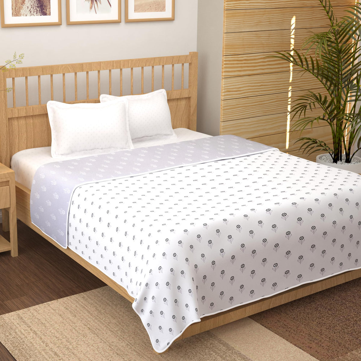Story@Home Dohar Double Bed Cotton 100% | 150GSM 225 x240 cm Quilt AC Blanket for Summer | AC Comforter Double Bed | White & Light Purple Leaf Reversible Design Duvet | All-Season Blanket Kafalo