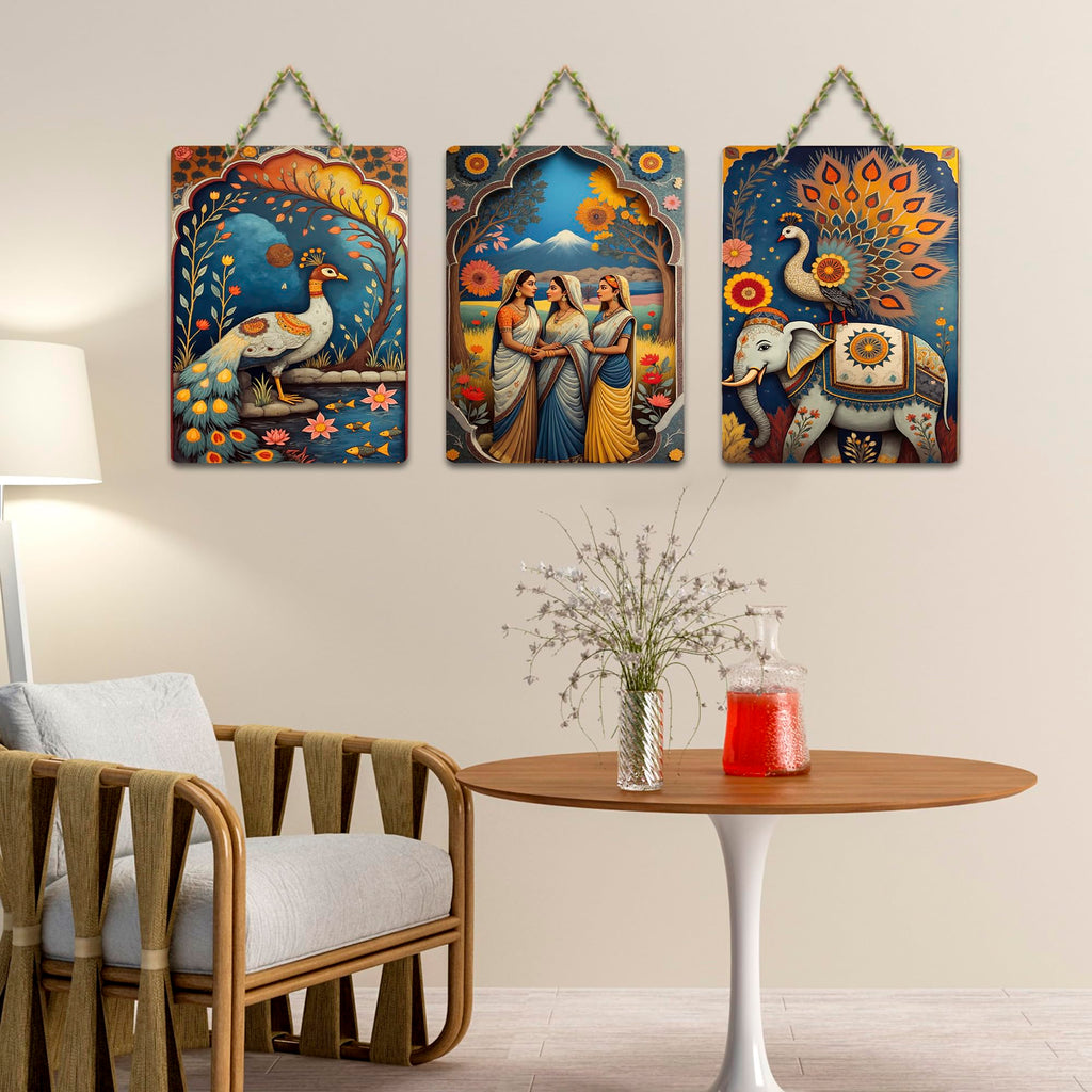 Artvibes Traditional Indian Nature Wall Art Hanging Wooden Art Decoration Item for Home | Office | Cafe | Graphic Artwork | Wall Art Print | Sceneries | Unique Gift Items (WH_96108N), Set of 3