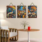 Artvibes Traditional Indian Nature Wall Art Hanging Wooden Art Decoration Item for Home | Office | Cafe | Graphic Artwork | Wall Art Print | Sceneries | Unique Gift Items (WH_96108N), Set of 3