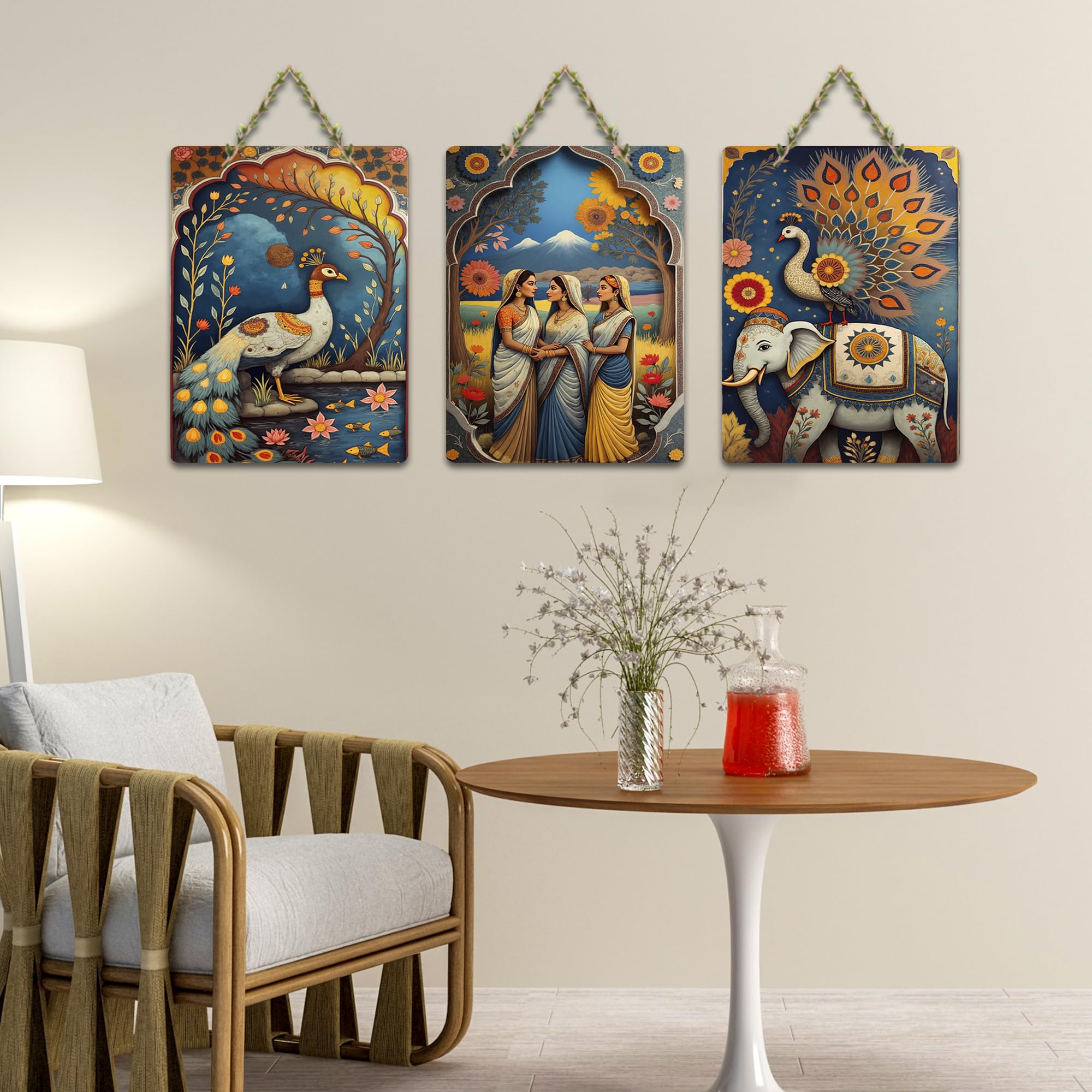 Artvibes Traditional Indian Nature Wall Art Hanging Wooden Art Decoration Item for Home | Office | Cafe | Graphic Artwork | Wall Art Print | Sceneries | Unique Gift Items (WH_96108N), Set of 3