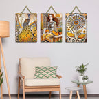 Artvibes Beautiful Girl With Peacocks & Flowers Decorative Wall Art MDF Wooden Wall Hanger for Living Room | Door Decoration Items | Artwork | Wall Poster | Unique Gift Items (WH_9693N), Set of 3