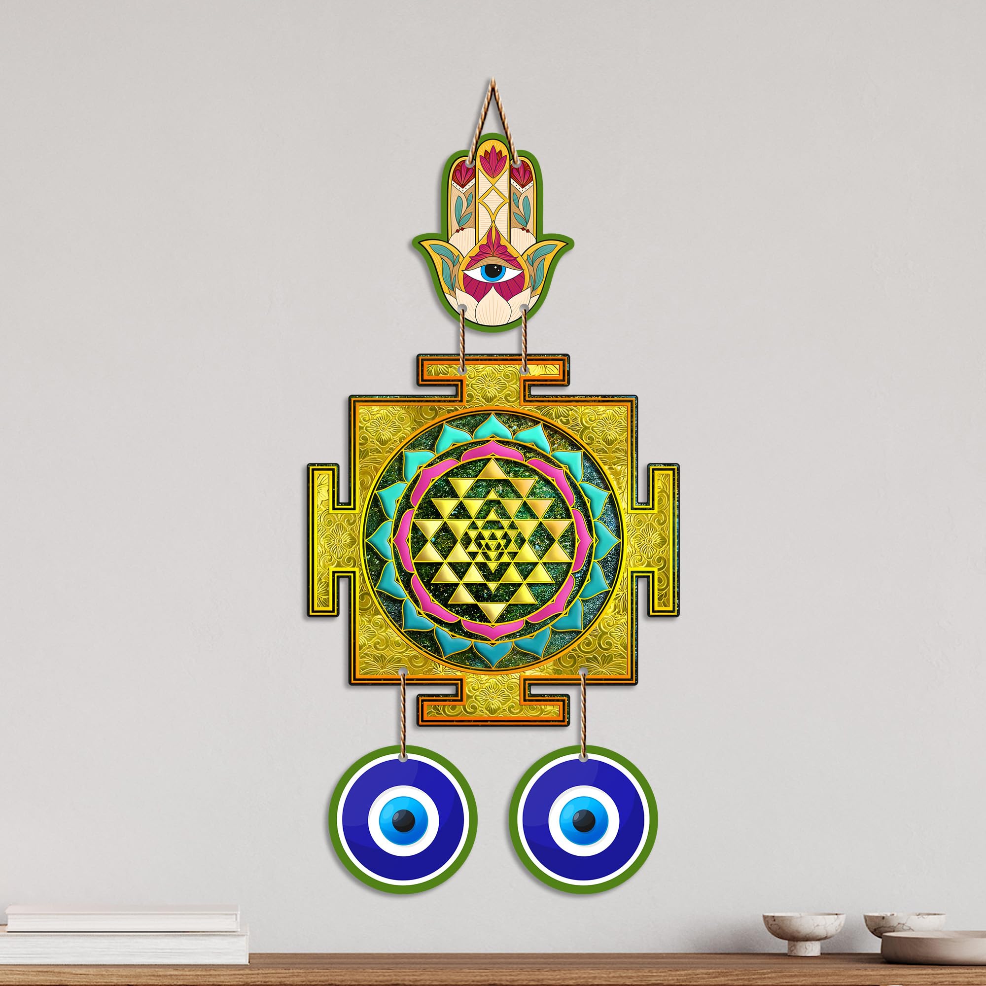 Artvibes Sri Yantra Evil Eye Wall Hanging for Home Entrance Door | Sacred Geometry Vastu Decor | Positive Energy Protection Ornament for Meditation Room | Office and Housewarming Gift (WH_85135N)