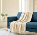 SAJAVAT HOME Hand Knitted Cotton Sofa Throw Blanket | Elegant Beige All-Season Accent for Sofa, Couch & Bed | Soft Lightweight Knit with Tassels | 80×52 Inches (204×132 cm) Kafalo