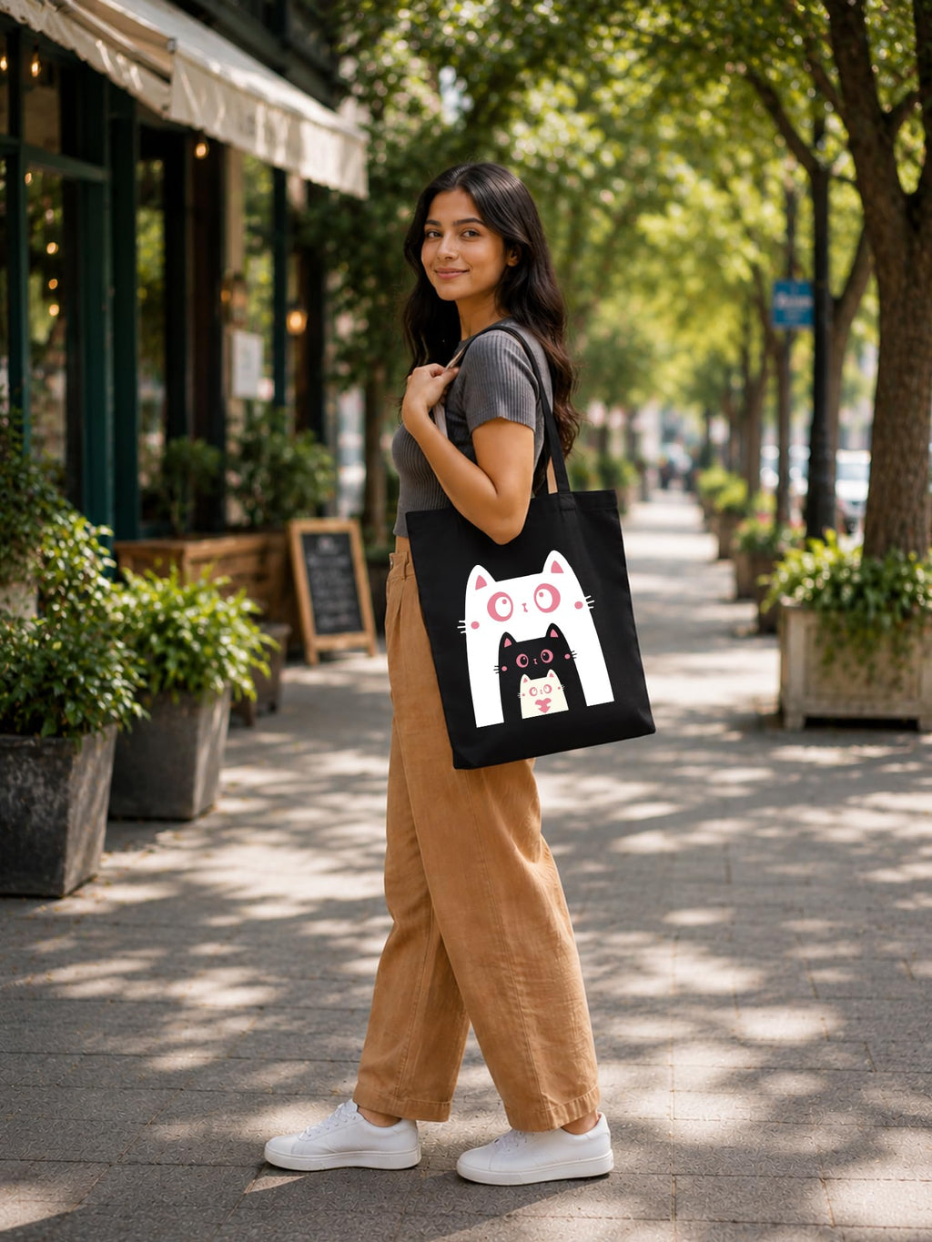 DOODLE Canvas Tote Bag for Women with Zip Closure – Eco-Friendly Cat Printed Reusable Shoulder Bag with Outer Zip & Inner Zip Pocket, Spacious Tote for Shopping, Office, College, Beach & Travel