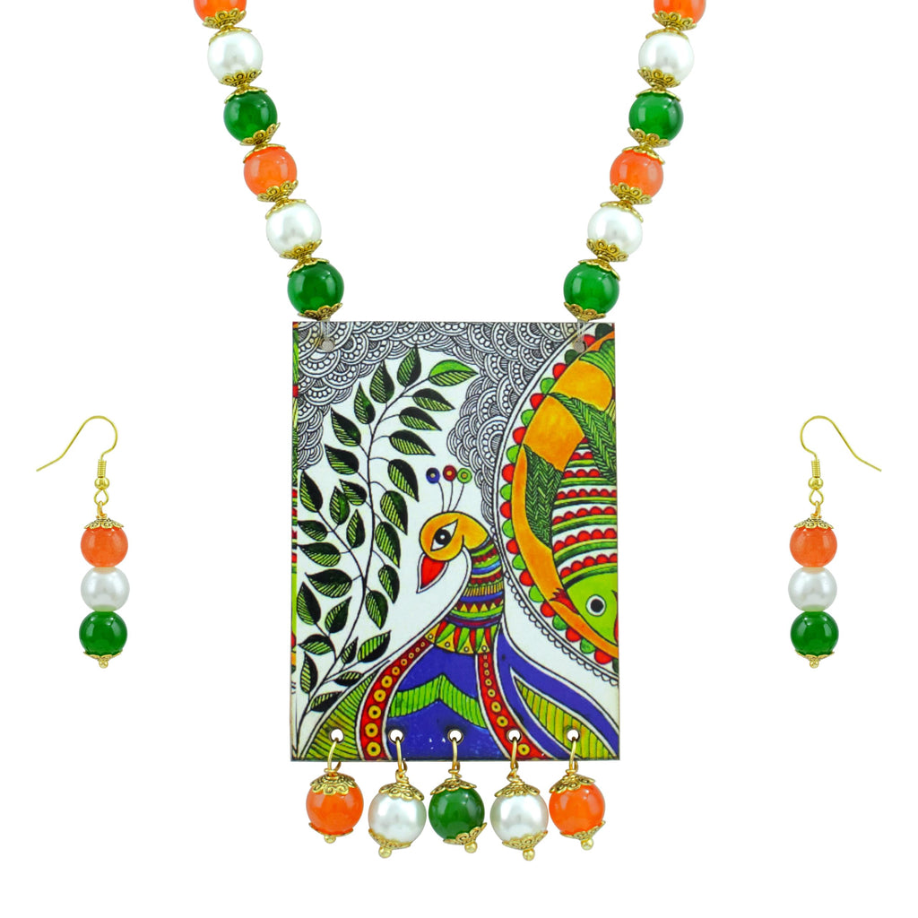 JFL - Jewellery for Less Independence Day & Republic Day Tricolor Madhubani Art Necklace Set with Bracelet for Women | Antique Handmade Wooden Pendant Jewellery Set | Green White Orange Beaded Ethnic Necklace with Matching Earrings | Traditional Jewellery