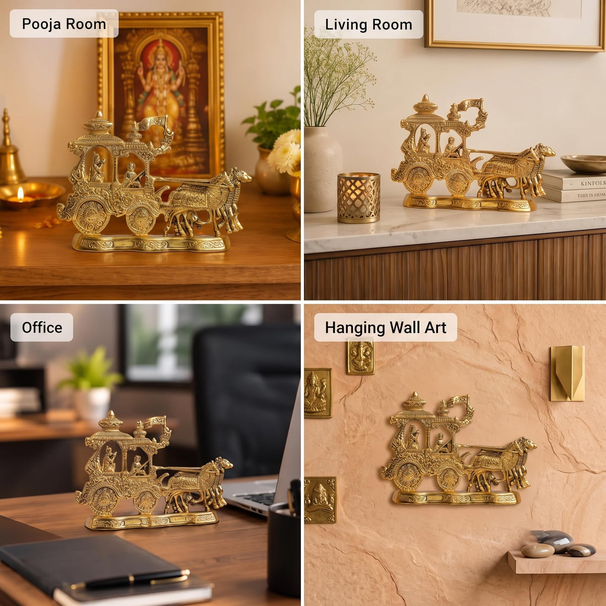 KridayKraft Lord Krishna and Arjun Rath Chariot with Two Horses Decorative Showpiece Metal Gold Plated Antique Krishna Arjuna Rath Wall Hanging & Table Corner Decor