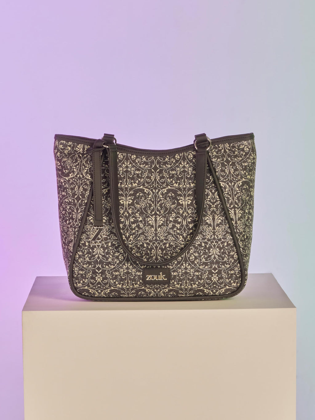ZOUK Naisha Black Lace Tote Bag for Women | Vegan Leather Large Shoulder Handbag with Bottle Holder, Multiple Pockets & Water-Resistant Lining | Office, Travel & Daily Use | Lattice Lace