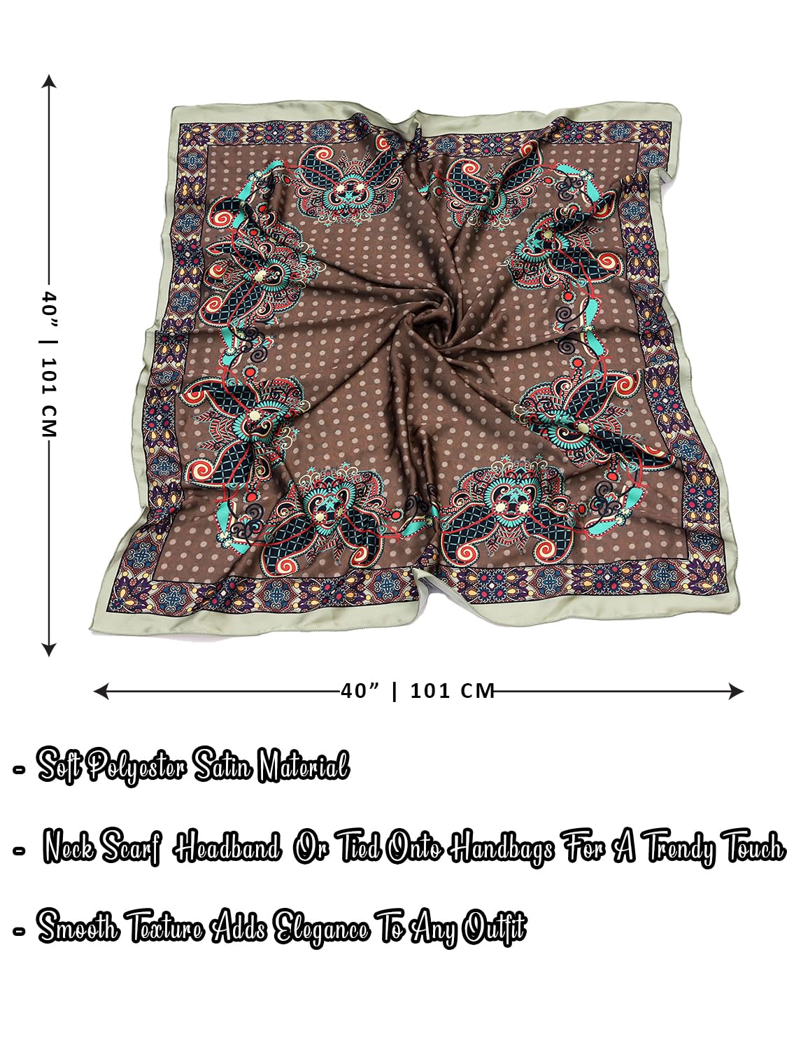 leeza store Women's Silk Scarf For Women, Taupe Brown Digital Printed, Floral Paisley Motifs With Polka Dots, 40 X 40 Stylish Stole & Headscarf