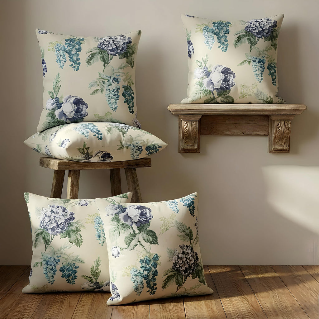 Clasiko Cotton Cushion Covers 24x24 – Set of 5 Decorative Cushion Covers, Blue Bloom, Soft Cotton, Hidden Zip, Sofa & Bedroom Décor