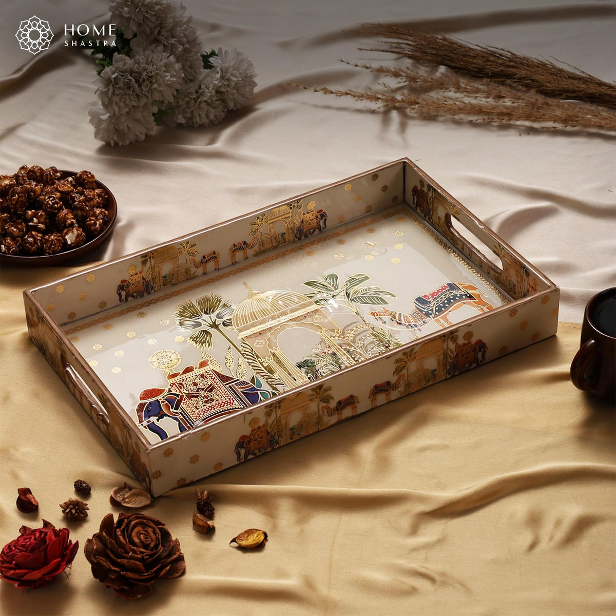 HomeShastra® Wooden Serving Tray with Gold Engraving | Set of 1 | Size : 16 x 10 inch | Enamel Coated Waterproof | Rectangular | Decorative Trays | Royal Camel Large