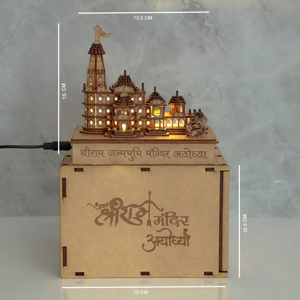 LASER ART Ram Mandir Ayodhya Model with Light and Power Adapter 3D Replica Wooden MDF Craftsmanship, Authentic Design, with Protective Outer Box - Ideal for Home Temple, Home Decor & Gifts