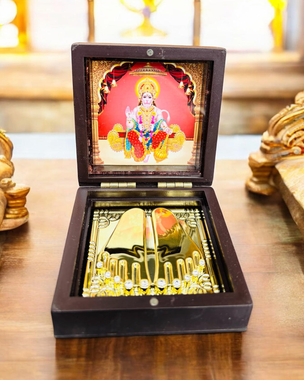 WARMINGO DE Hanuman Ji Pocket Temple Charna Paduka Bajrang Bali | Gold Plated Box God Idol Bhagwan | Religious Gift for Mom & Dad | Diwali Gift Item | Pawan Putra Hanuman Jayanti (Hanuman Ji)