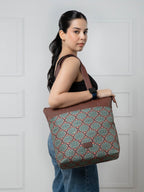 ZOUK Kolkata Nouveau Motif Printed Women's Jute Handcrafted Vegan Leather Multicolor Everyday Tote
