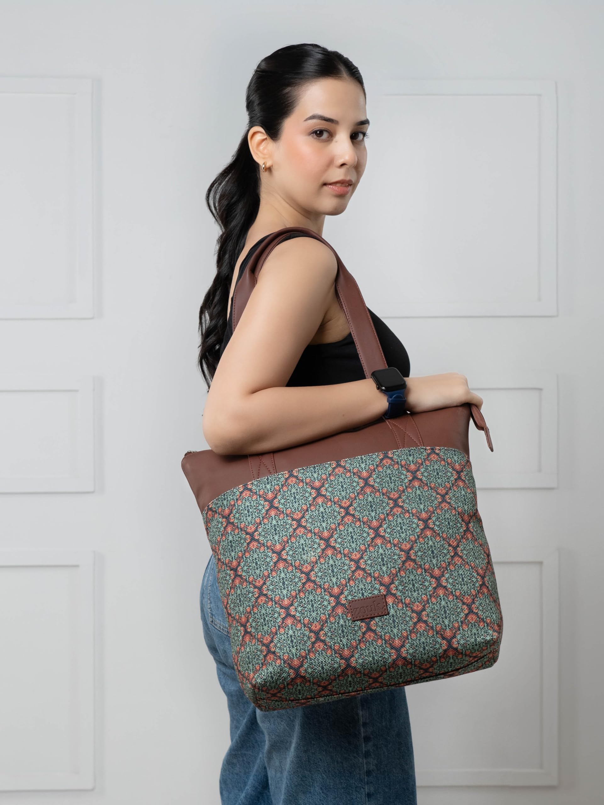 ZOUK Kolkata Nouveau Motif Printed Women's Jute Handcrafted Vegan Leather Multicolor Everyday Tote
