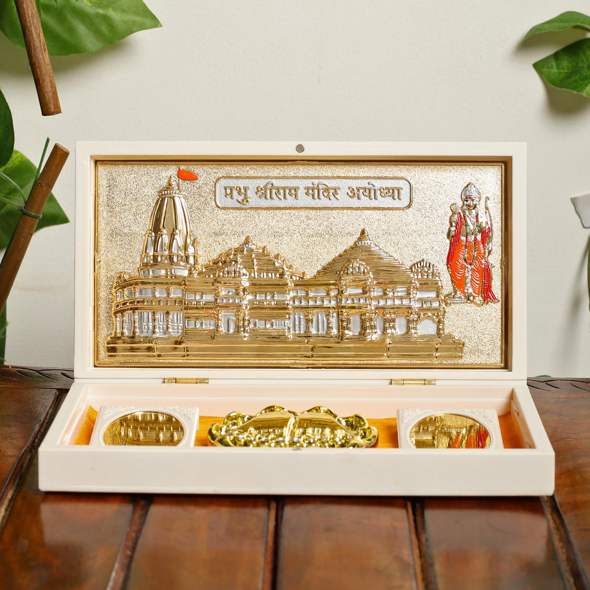 INTERNATIONAL GIFT Ram Mandir Pocket Temple | Rectangle Shaped Gold Plated Temple with Charan Paduka for Portable Worship, Spiritual Elegance, and Thoughtful Gifting