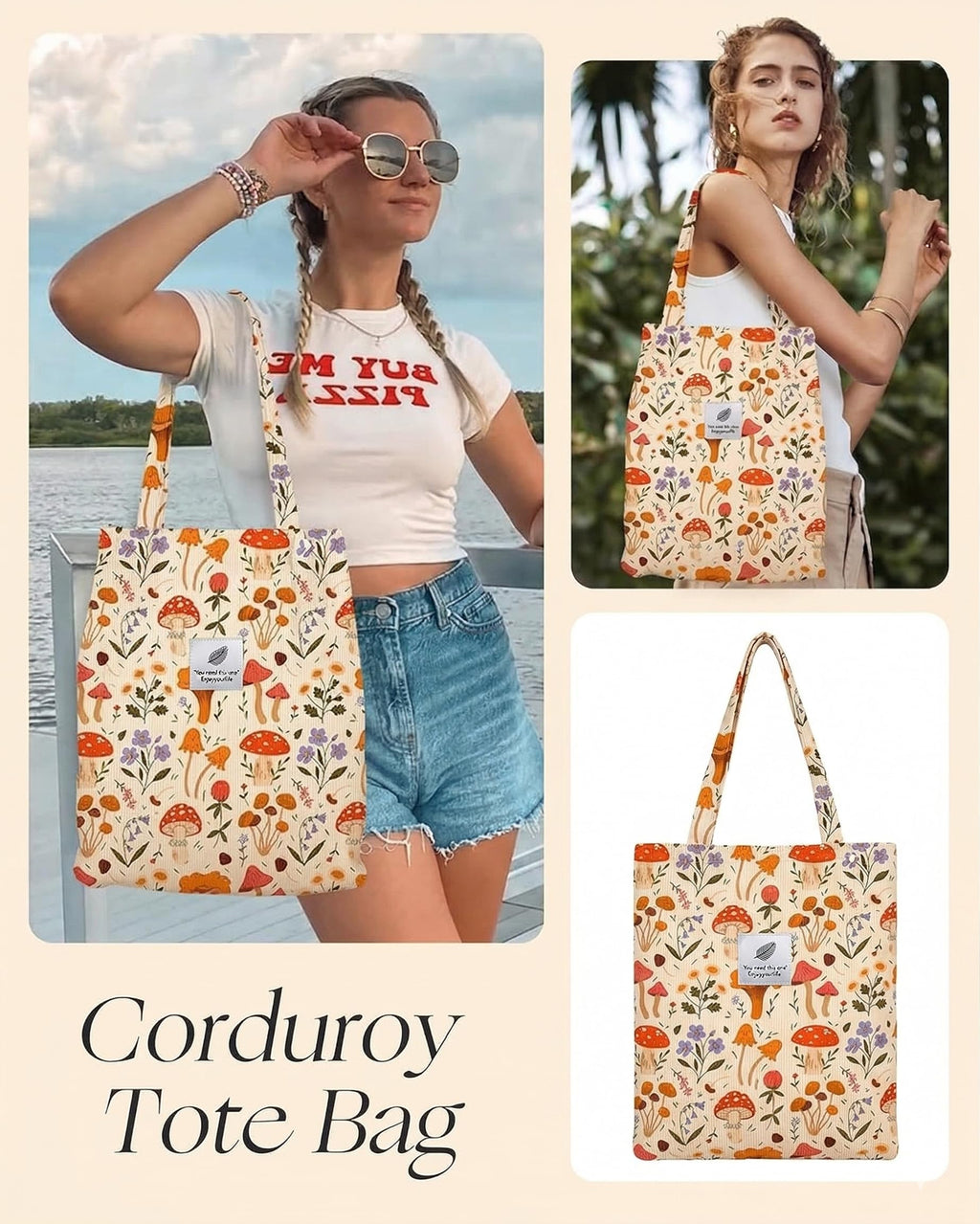 Street27 Womens Korean Canvas Corduroy Tote Bag Casual Work Shoulder Handbags|Multi-Purpose Bag |Sturdy Canvas Bag With Large Capacity|Shopping Bag For Office,College & Daily Use (Mushroom)