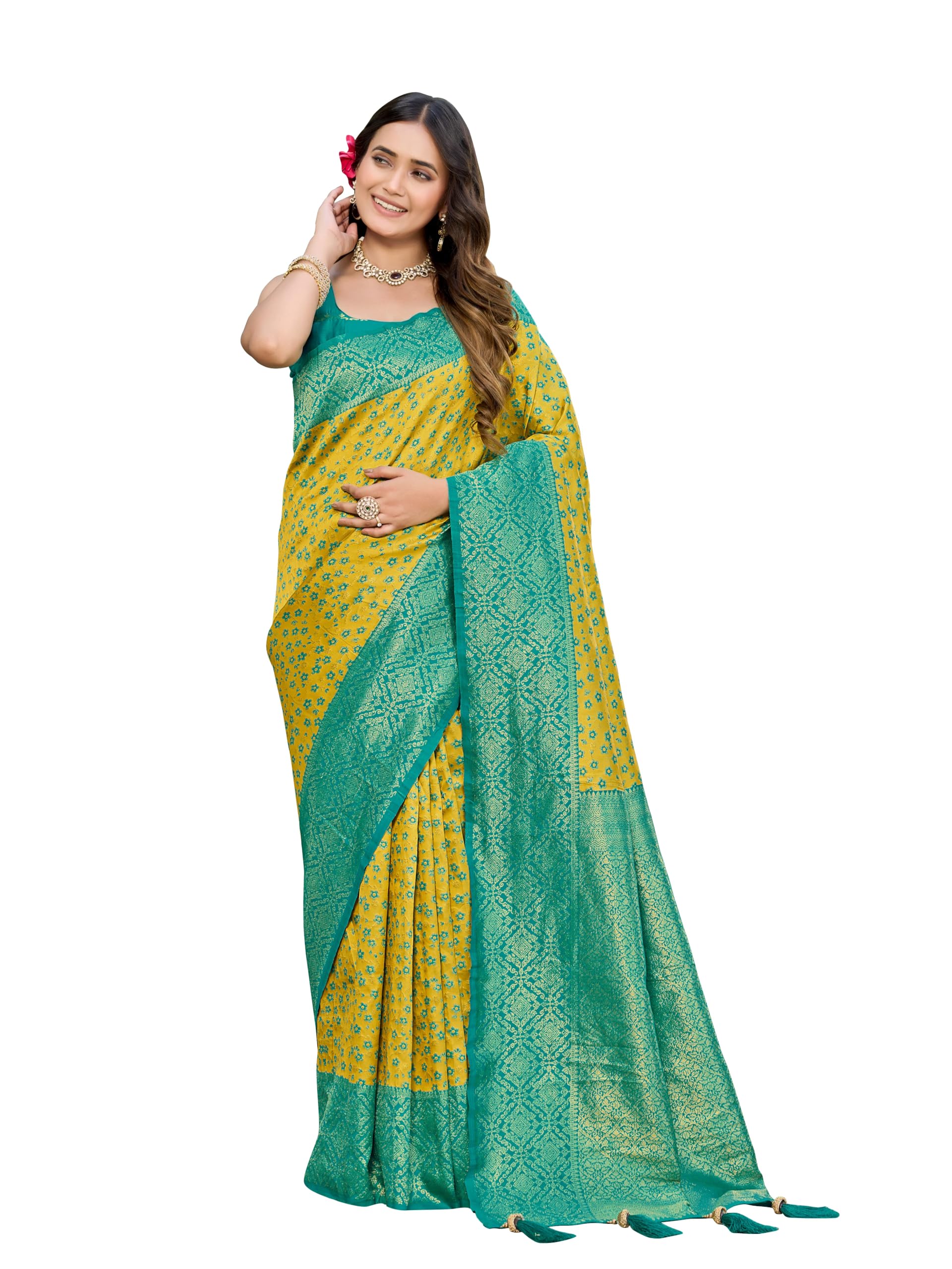 MANOHARI Banarasi Satin Silk Blend Saree for Women | Floral Zari Woven Saree with Mustard Color and Turquoise Blue Border & Tassels with Elegance look_MN2080