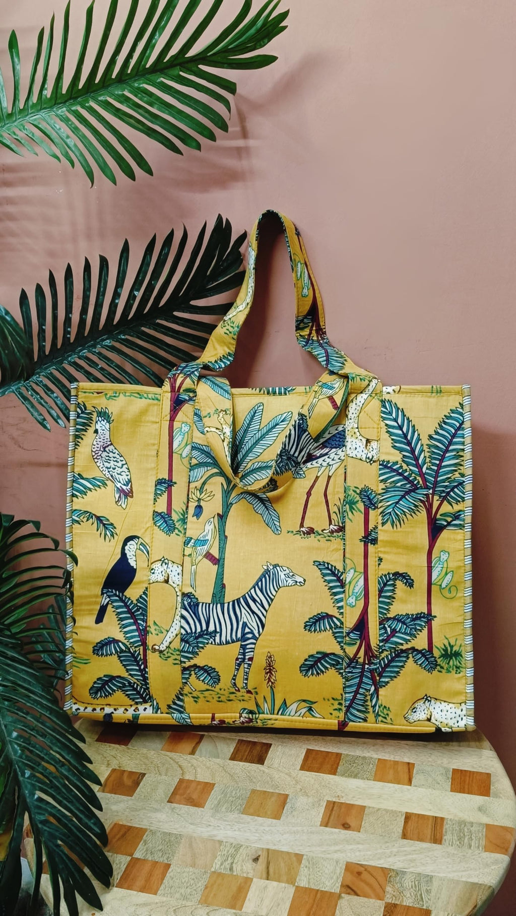 HOUSE OF GULAB Yellow Green Cotton Tote Bag Reusable Shopping Bag Printed Canvas Cloth Carry Bag with Long Handle for Women & Men Eco Friendly Grocery Storage Travel Bag 15x18 Inch (Yellow & Green)