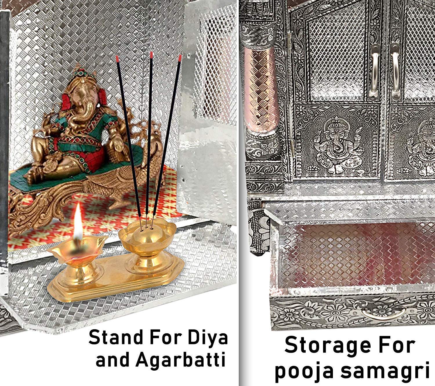 Bit-Chu Handcrafted Designs Wooden Mandir with Aluminium & Copper Oxidized Home Temple/Ghar mandir/Pooja mandir for HomeSize L- 15 inch x B- 6 inch (Silver & Bronze)