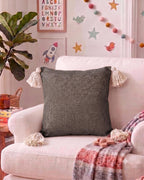 Furnistitchs Solid Boho Cushion Cover 16x16 Inches, Premium Natural Slub Fabric Throw Pillow Case with Tassels for Sofa, Couch, Living Room & Bedroom 40x40 cms, 2 pc - Pebble Grey
