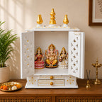 Vipron Handmade Wooden Temple Mandir in White & Gold, Hand-Painted with Carved Panels; Perfect Decorative Pooja Shrine for Home or Office, 30x15x40 cm