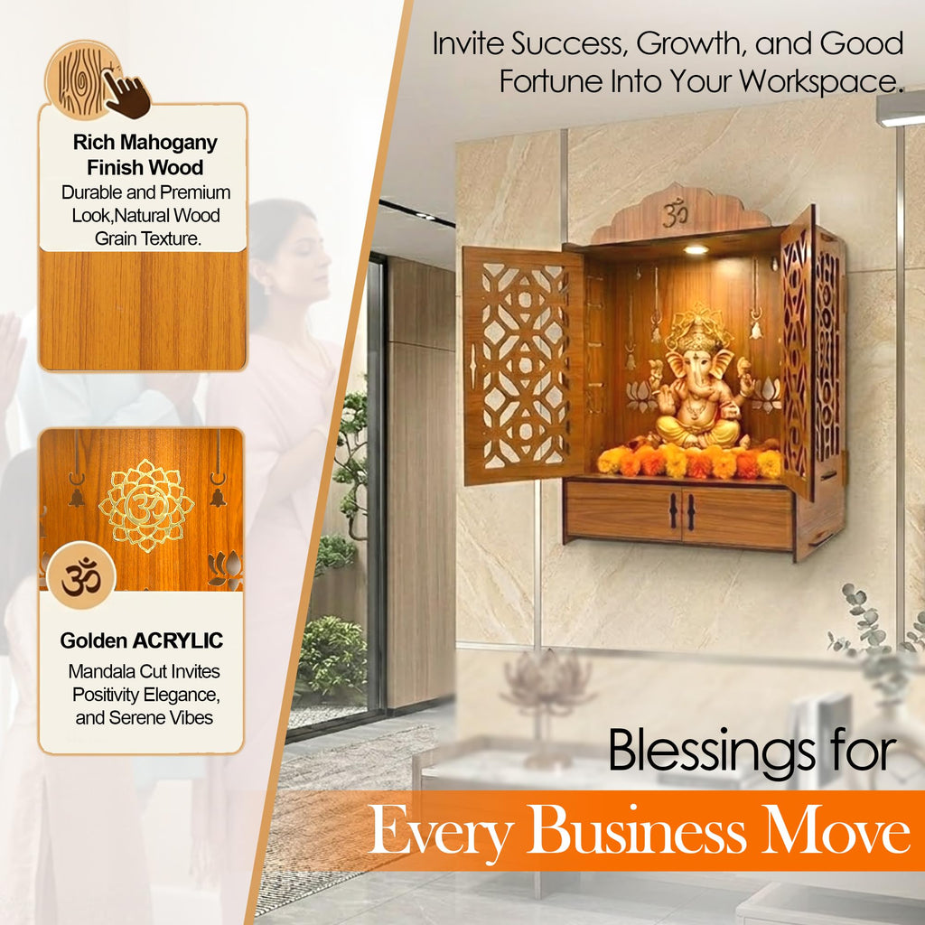 Pack of 1 Wooden MDF Temple Mandir for Home & Shops, Size 51x37x27 Cm1 Piece LED Light & Complete Wall Mount Kit with Door & Cabinet with Storage Space, Assembly Required, Pooja Mandir