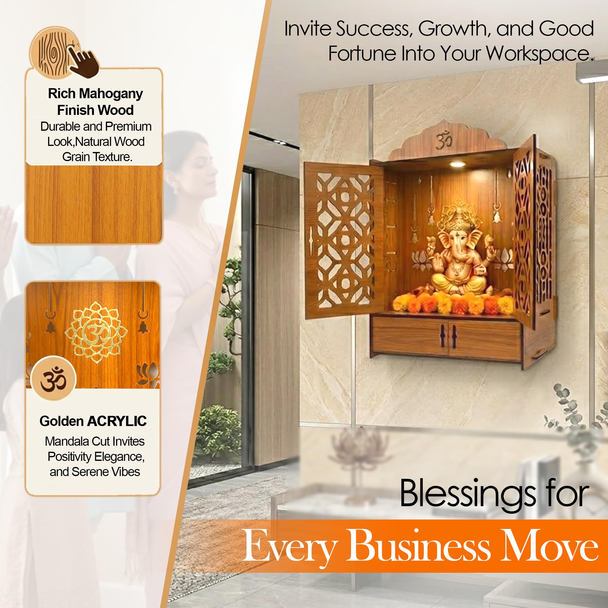 GLUN® Pack of 1 Wooden MDF Temple Mandir for Home & Shops, Size 21x16x10 Inch 1 Piece LED Light & Complete Wall Mount Kit with Door & Cabinet with Storage Space, Assembly Required, Pooja Mandir