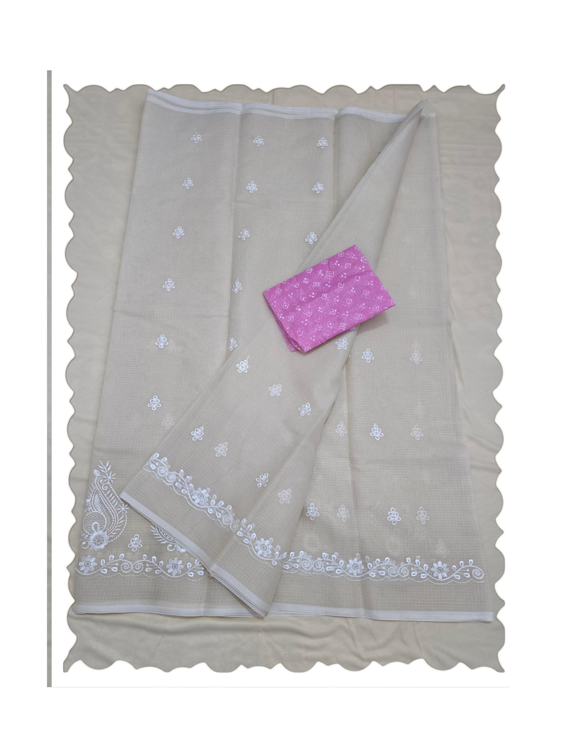 SUNEHRIDORIA Women’s Kota Doria Embroidery Saree with Blouse | Lightweight Soft Cotton Blend Kota Doria Saree | White Chikankari Style Thread Work Saree for Women (Cream)