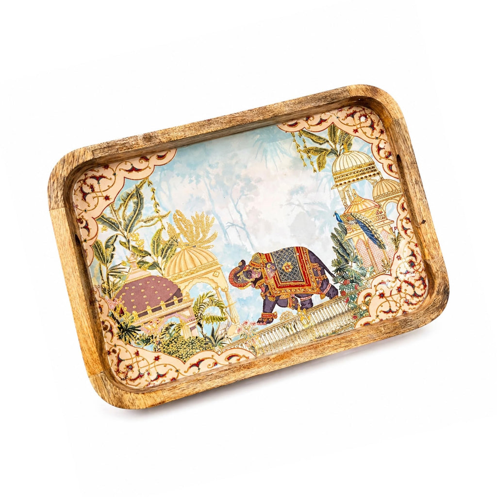 Pavitra Uphaar Elegant Wooden Serving Tray, Elephant Art, Waterproof Enamel Finish, with Easy Grip Handles (Large)